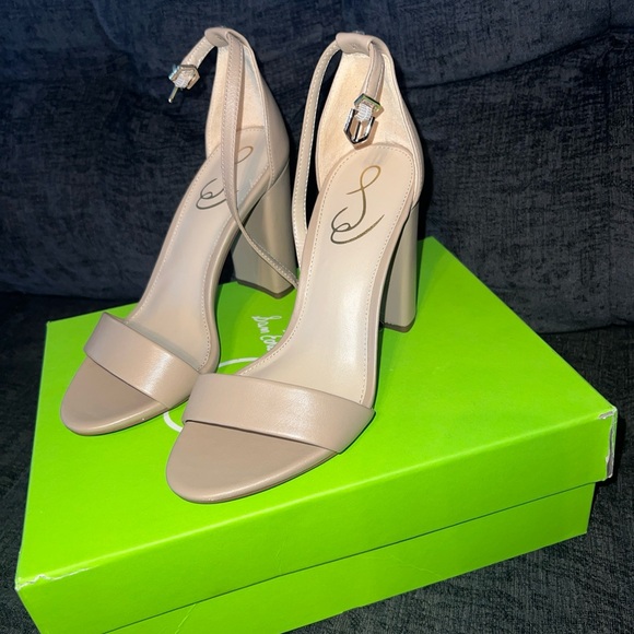 NEW SAM EDELMAN YARO BLOCK HEEL SANDAL CLASSIC NUDE LEATHER SIZE 7 - Picture 2 of 8
